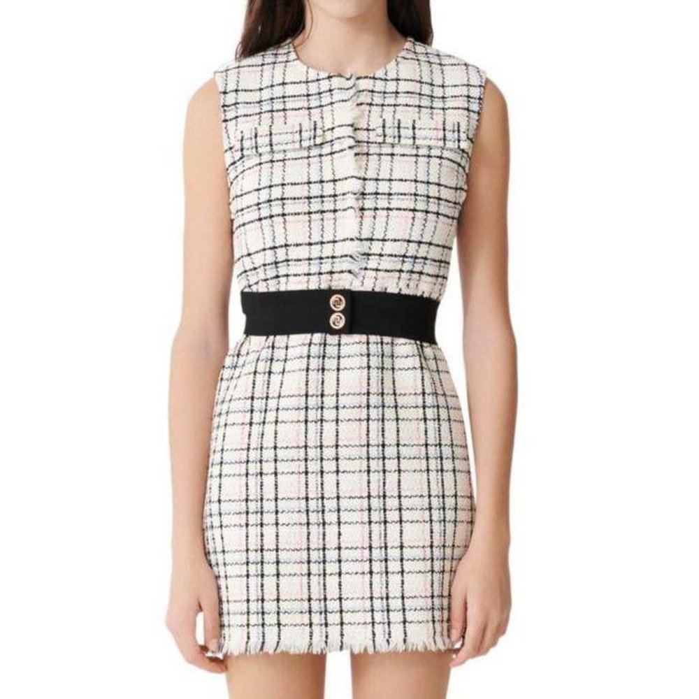 MAJE Rianey tweed mini sleeveless dress with elastic belt and colorful detailing